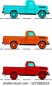 Classic pick up with 3 colors design, side view vector flat illustration