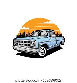 Classic pickup farm truck in forest vector art illustration isolated. Best for classic automotive restoration industry