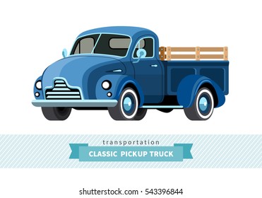 Classic pickup truck front side view. Stake truck vector isolated illustration