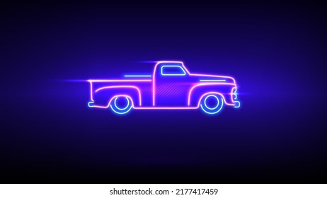 Classic Pickup Truck Neon Sign. Led Glowing Car Silhouette, Wall Branding. Vintage Truck, Old Classic Cars. Neon Silhouette In Side View On Dark Wall Background. Carbon Body. Banner, Ad Design. Vector