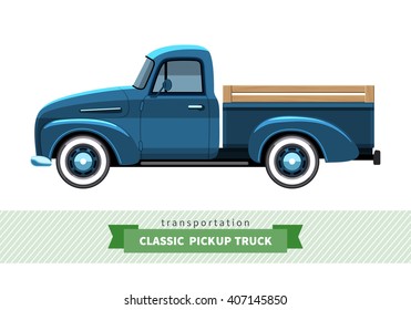 Classic pickup truck side view. Stake truck vector isolated illustration