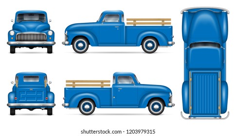 Classic pickup truck vector mockup on white background. Isolated blue vintage lorry view from side, front, back, top. All elements in the groups on separate layers for easy editing and recolor.