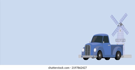 Classic Pickup Truck Vector Mockup On White Background. Isolated Blue Vintage Lorry View From Side. All Elements In The Groups On Separate Layers For Easy Editing And Recolor.