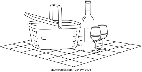 Piquenique Clássico Cena Linha Arte: Cesta, Vinho e Óculos em Xadrez Coberta