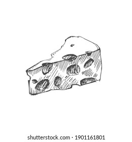 Classic piece of cheese with holes on a white background