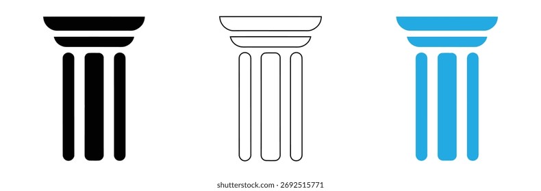 Conjunto de iconos de pilar clásico en estilos de color negro, contorno y azul claro, conjunto de arte de diseño de fondo de pilar de Vector, símbolo medieval, icono de pilar en Plantilla de logotipo plano, elemento de logotipo negro,