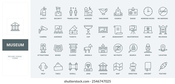 Classic pillar, sculpture and painting, book and jewel, museum staff badge thin black outline symbols vector illustration. Museum ancient exhibit and service for tourist visit line icons set.