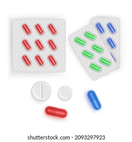 Classic Pillen Top View, Pillen, Kapseln, Blisterpackungen, Flaschen mit Arzneimitteln und Plastikröhren, Vektorformat
