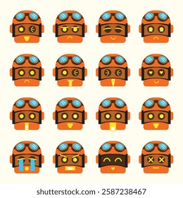 a classic pilot robot emoticon set for design element or emoji project