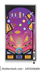 Classic pinball machine realistic top view with steel ball plunger flashing lights play field obstacles vector illustration  