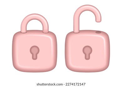 Klassisch rosa 3D-Padlock, geschlossen und offen, entsperrt und verschlossen. Konzept des Geschäftsschutzes und der Sicherheit, Datenschutz und Verschlüsselung. Render, Vektorgrafik der Sperre