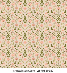 Classic Pink and Green Floral Tile Seamless Pattern with Structured Design
