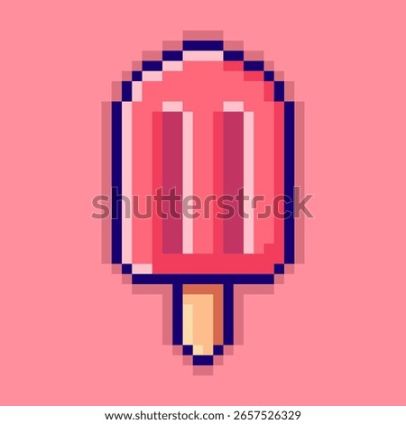 Classic pink popsicle ice cream designed in a retro pixel art style. This 8-bit illustration of an ice lolly is perfect for summer-themed projects, evokes a sense of fun and nostalgia.