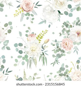 Classic pink rose, white dahlia, peony, ranunculus, eucalyptus, fern, sage blush greenery vector design wedding spring seamless pattern