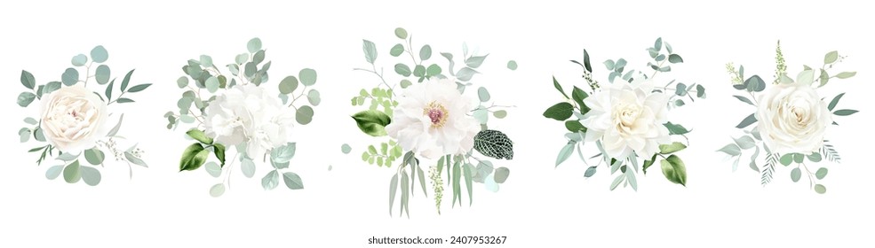 Classic pink rose, white hydrangea, dahlia, beige ranunculus, mint eucalyptus, fern, sage greenery vector design wedding spring bouquets. Floral summer watercolor. Elements are isolated and editable