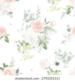 Classic pink rose, white hydrangea, mint green eucalyptus, ranunculus, sage blush greenery vector design wedding spring seamless pattern. Floral summer watercolor.Elements are isolated and editable