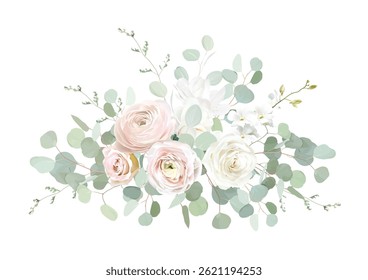 Classic pink rose, white magnolia, blush pink ranunculus, eucalyptus, sage greenery vector design wedding spring bouquet. Horizontal banner. Floral summer watercolor.Elements are isolated and editable