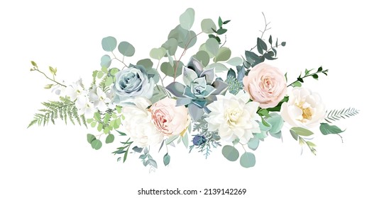 Classic pink rose, white peony, orchid flowers, blue succulent, dahlia, eucalyptus, fern, greenery vector design wedding spring bouquet. Floral summer watercolor. Elements are isolated and editable