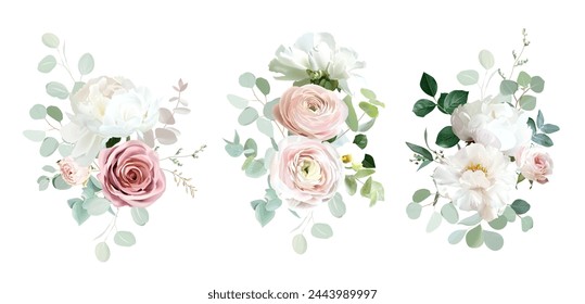 Classic pink rose, white peony, blush pink ranunculus, eucalyptus, green hydrangea, sage greenery vector design wedding spring bouquets. Floral summer watercolor. Elements are isolated and editable