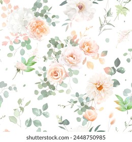 Classic pink rose, white peony, dahlia, mint green eucalyptus, poppy, sage blush greenery vector design wedding spring seamless pattern. Floral summer watercolor.Elements are isolated and editable