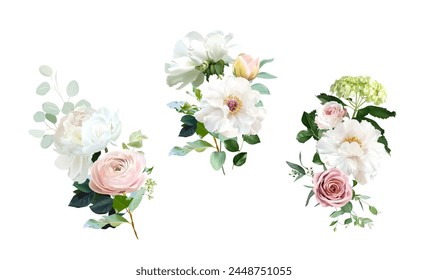 Rosa rosa clásica, peonía blanca, ranúnculo rosado rubor, eucalipto, hortensia verde, ramos de primavera de diseño de Vector verde salvia. Acuarela de verano floral. Los Elementos son aislados y editables