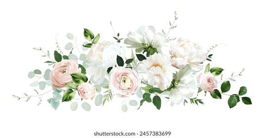 Klassische rosa Rose, weißer Pfingstrose, blush rosa ranunculus, Eukalyptus, Salbei Grün Vektorgrafik Design Hochzeit Frühlingsstrauß. Horizontaler Banner. Blumensommer-Aquarell. Elemente können isoliert und bearbeitet werden