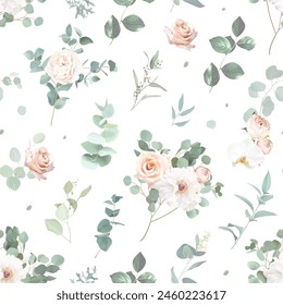 Classic pink rose, white peony, ranunculus, mint green eucalyptus, orchid, sage blush greenery vector design wedding spring seamless pattern.Floral summer watercolor.Elements are isolated and editable