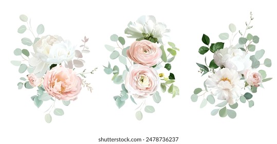 Classic pink rose, white peony, blush pink ranunculus, eucalyptus, green hydrangea, sage greenery vector design wedding spring bouquets. Floral summer watercolor. Elements are isolated and editable