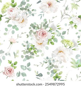 Classic pink rose, white peony, hydrangea, mint green eucalyptus, sage and blush greenery vector design wedding spring seamless pattern. Floral summer watercolor. Elements are isolated and editable