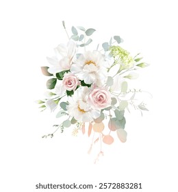 Classic pink rose, white peony, blush pink ranunculus, eucalyptus, sage greenery vector design wedding spring bouquet. Horizontal banner. Floral summer watercolor. Elements are isolated and editable