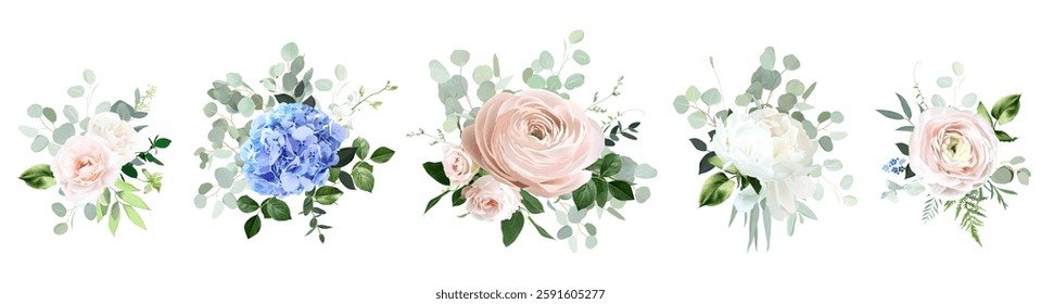 Classic pink rose, white peony, blush pink ranunculus, eucalyptus, blue hydrangea, sage greenery vector design wedding spring bouquets. Floral summer watercolor. Elements are isolated and editable