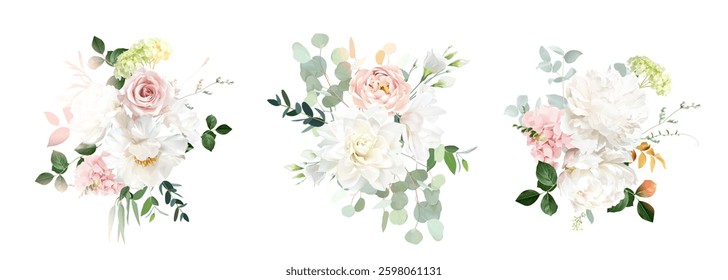 Classic pink rose, white peony, blush pink ranunculus, eucalyptus, sage greenery vector design wedding spring bouquets. Set of flowers. Floral summer watercolor. Elements are isolated and editable