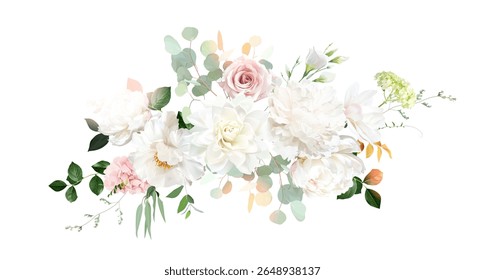 Rosa rosa clássica, peônia branca, ranúnculo rosa rubor, eucalipto, verde sábio design de vetor casamento buquê de primavera. Banner horizontal. Aquarela floral de verão. Os elementos são isolados e editáveis
