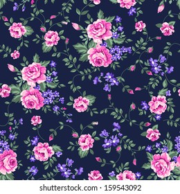 Classic Pink Roses On Navy ~ Seamless Vector Background