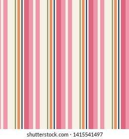 Classic pinstripe design seamless pattern in off white, pink, orange and green. Vibrant spring or summer colors, great for beach towels, fashion, graphic design, decor and gift wrapping paper. Vector.