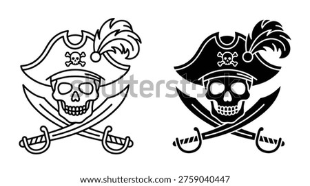 A classic pirate emblem featuring a skull and crossbones on a tricorn hat, crossed with sabers. This flat design vector illustration is ideal for themes of adventure, danger, or nautical concepts.