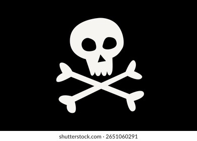 Design clássico da bandeira pirata com crânio branco e ossos cruzados no fundo preto. Imagem de clipart.