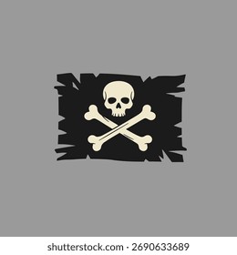 Bandeira pirata clássica com um crânio proeminente e design de ossos cruzados, simbolizando aventura, rebelião e perigo no alto mar.