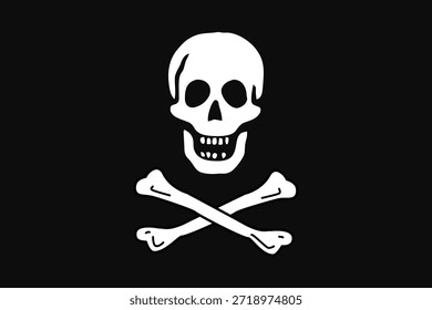 Ilustração de bandeira pirata clássica com um crânio branco e ossos cruzados em um fundo preto. Símbolo vetor Jolly Roger minimalista para projetos náuticos, históricos e de rebelião. Ícone Isolado