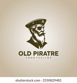 Classic pirate head logo featuring a bearded man with an eye patch and a pirate hat vector illustration design