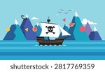 Classic pirate ship with a skull and crossbones sail sails past pointy blue mountains on a sunny afternoon.