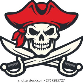 A classic pirate symbol featuring a skull wearing a red tricorn hat and a red bandana crossed with two sabers. The skull has menacing eye sockets and a wide grin revealing sharp teeth. This vector illustration is perfect for designs related to adventure danger rebellion or nautical themes.