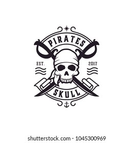 Classic Pirates Skull with Crossing Swords Vintage for Boat Ship Sailor Nautical Navy Vintage Retroemblem logo design 