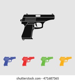Classic pistol. Vector simple black icon. Old handgun silhouette. Flat style for web and mobile.