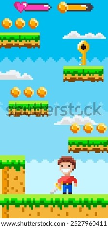 A classic pixel art scene presents a young character in a vibrant platform game setting. Ideal for retro game design, childhood nostalgia, animated themes, gaming graphics, and educational visuals
