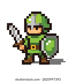 A classic pixel art sprite of a courageous warrior in green armor holding a sharp sword and sturdy shield