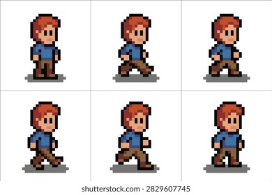 Classic pixel art sprite sheet showing a male character walking animation frames for game design