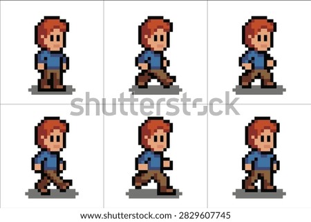 Classic pixel art sprite sheet showing a male character walking animation frames for game design