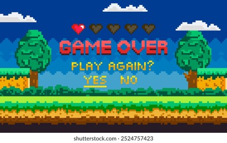 Classic pixel art style with a game over message and an option to play again. Features vibrant graphics with trees, clouds, and a landscape. Ideal for gaming, retro themes, pixel art, user interface