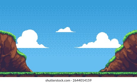 Classic pixel art video game level with platform, cliff, clouds, and blue sky. Retro arcade gaming background vector.
